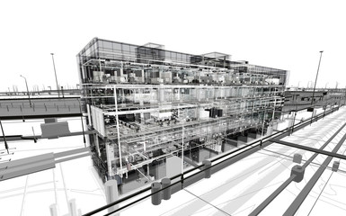 Fototapete - Digital image of a BIM model of an office building with transparent walls