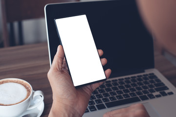 Sticker - Mockup of man using smartphone in cafe