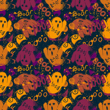 Abstract Seamless Halloween Pattern For Girls, Boys, Clothes. Creative Background With Dots, Geometric Figures Funny Wallpaper For Textile And Fabric. Fashion Style. Colorful Bright