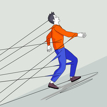 A Man Trying To Walk Away But Being Held Back By Strings Attached To Him. People Vector Illustration Concept.