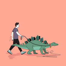 A Man Taking His Pet Stegosaurus Dinosaur Outside In The Park For A Walk. People Concept Vector Illustration