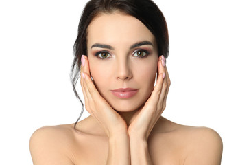 Poster - Portrait of young woman with beautiful hair on white background