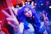 Young Woman Streamer Anime Cosplay Professional Gamer Playing Video Online Games Computer