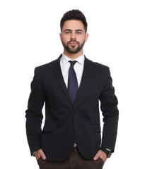 Sticker - Portrait of young businessman on white background