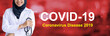 Coronavirus pandemic disease on blur hospital laboratory panoramic red background. COVID-19 virus from WUHAN China epidemic outbreak to global recession wide concept for social asian scientist vaccine