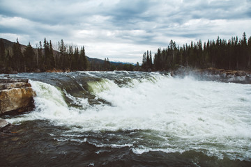 Wall Mural - waves and splashes of mountain river on background of forest and dramatic sky. forest river water la