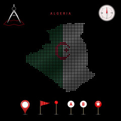 Dotted vector map of Algeria painted in the national flag colors. Waving flag effect. Map tools icon set