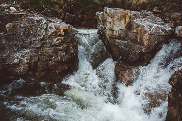 Wall Mural - stream of river among stones and rocks. stream in stone bed, fast mountain river among rocks, water 