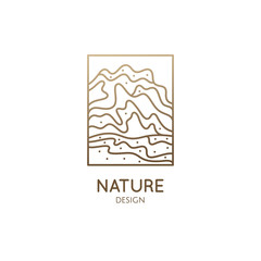 Wall Mural - Abstract mountain logo. Natrural minimalistic landscape icon with topographic structure. Vector pattern with wavy lines. Ornamental rectangular emblem. Geologic and mineral industry, travel