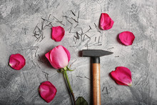 Pink Rose, Hammer And Nails Close-up On A Gray Stone Background