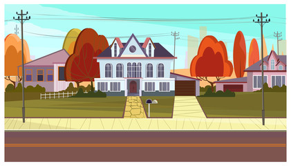 Wall Mural - Street with cottage houses and autumn trees. Suburban scene, real estate and architecture concept. Flat style illustration. For leaflets, brochures, wallpapers, posters or banners.