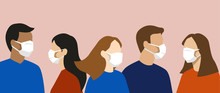 Group Of Simple Flat Design People With Face Masks, Protection From Disease Or Pollution