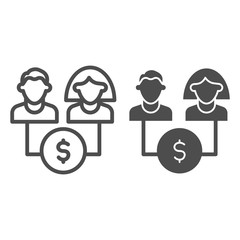 Poster - Family savings line and solid icon. Male and female with dollar coin symbol, outline style pictogram on white background. Finance or business sign for mobile concept and web design. Vector graphics.