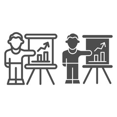 Poster - Presentation line and solid icon. Man present diagram on signboard symbol, outline style pictogram on white background. Training or education sign for mobile concept and web design. Vector graphics.