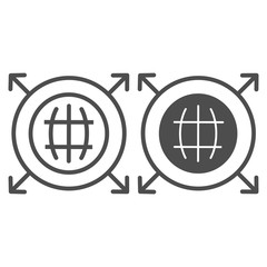 Poster - Global sales business line and solid icon. Earth globe and arrows symbol, outline style pictogram on white background. Delivery or marketing sign for mobile concept and web design. Vector graphics.