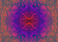 Bright Psychedelic Trippy Fractal Mandala, Gradient Orange Pink Violet Blue Color Background.