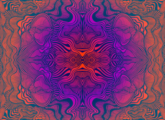 bright psychedelic trippy fractal mandala, gradient orange pink violet blue color background.
