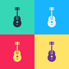 Pop art Guitar icon isolated on color background. Acoustic guitar. String musical instrument. Vector Illustration