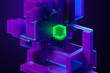 © ekostsov - Green Illuminating Neon Bright Cube On Abstract Geometric Foursquare Figures And Violet Background. 3d Rendering