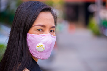 Asian women wearing mask prevent, protection  Coronavirus, Covit-19 in the city blackground .