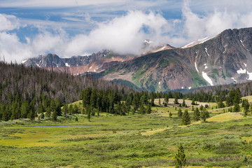 The Never Summer Range is south of Long Draw Reservoir. This is a view from the Grand View Campground in Roosevelt National Forest in Northern Colorado.