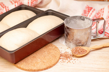 Making bread. the dough is in the mold for bread.