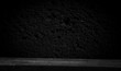 © Egor - Black background of wall and worn old wood table. Empty space for product installation.