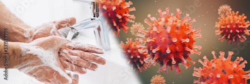 Cuadros en Lienzo Washing hands man rinsing soap with running water at sink, Coronavirus 2019-ncov prevention hand hygiene