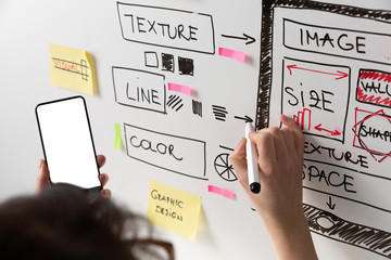 Wall Mural - Women website designer creative planning application development drawing template layout framework wireframe design studio . User experience concept