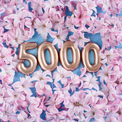 Wall Mural - 1000 followers card. Template for social networks, blogs. Background with pink flower petals.