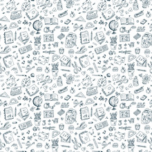 Back To School. Seamless Pattern Of School Supplies. Hand Drawn Doodles Illustration