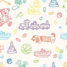 Toys Doodle Seamless Pattern. Colorful Kids Background. Endless Wallpaper.