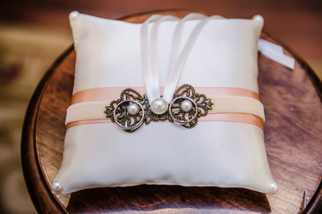 Two golden wedding rings. Close-up view of white golden wedding rings in a box, before wedding ceremony and vows