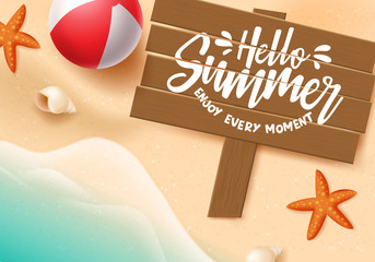 Wall Mural - hello summer vector banner. hello summer typography in wood space for text with beach elements like 