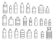 Plastic Bottles For Water Outline Icons Set. Vector Plastic Bottles For Water Outline Collection Isolated On White Background For Web And Advertising