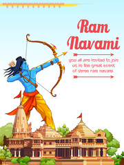 Sticker - illustration of Lord Rama with bow arrow in Shree Ram Navami celebration background for religious holiday of India