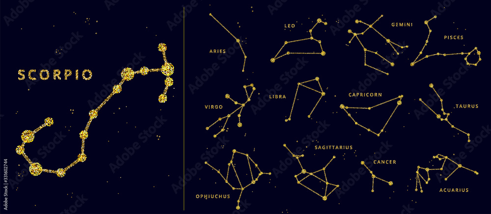 Vector golden and glitter horoscope signs and constellation. Zodiac celestial signs, stylized as shiny sparkle line and dots. Cancer, gemini and other zodiacal sign in one set - obrazy, fototapety, plakaty 
