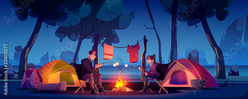 Fotografía Summer camp with couple, tent and campfire at night