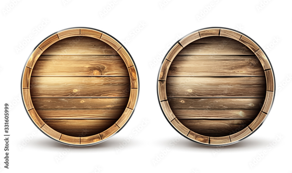 Wooden barrels for wine, beer or whiskey set top view. Realistic cask made of oak wood, keg for rum or cognac isolated on white background. Roll containers for liquid, realistic 3d vector clip art - obrazy, fototapety, plakaty 