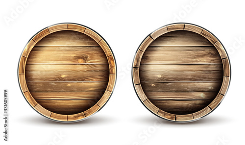Fotografía Wooden barrels for wine, beer or whiskey set top view