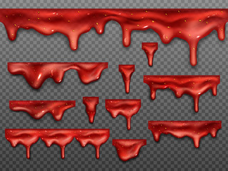 Wall Mural - realistic dripping strawberry jam drops set, liquid red berry splashes, glossy drip seamless border 