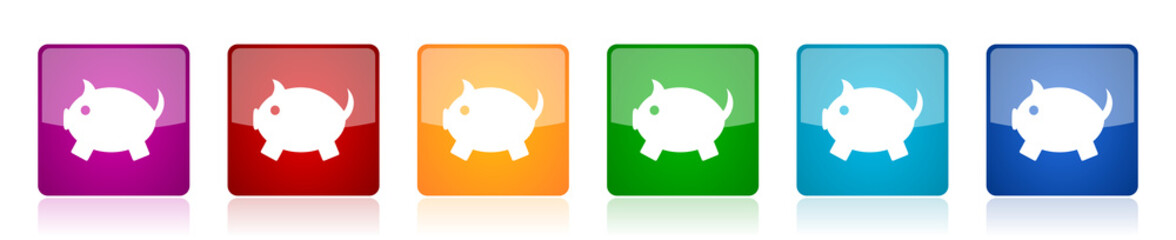 Aufkleber - Piggy bank icon set, colorful square glossy vector illustrations in 6 options for web design and mobile applications