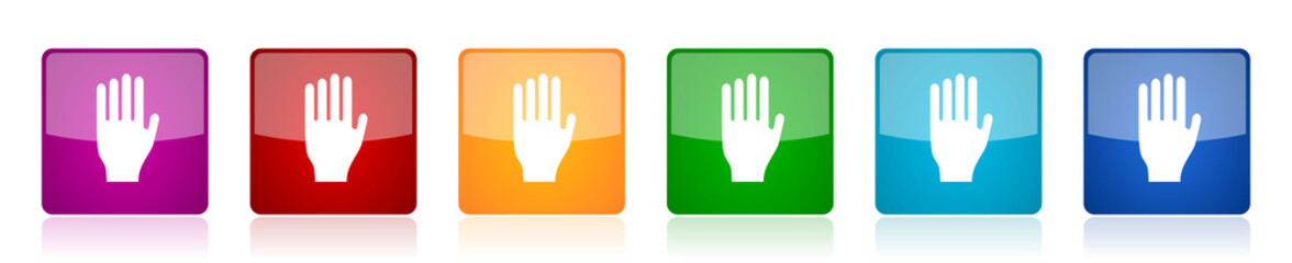 Poster - Stop icon set, colorful square glossy vector illustrations in 6 options for web design and mobile applications
