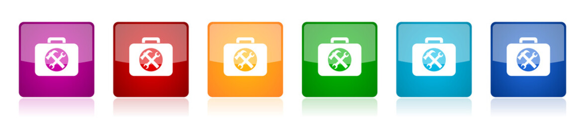 Leinwandbilder - Toolkit icon set, colorful square glossy vector illustrations in 6 options for web design and mobile applications
