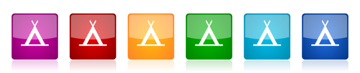 Aufkleber - Camp icon set, colorful square glossy vector illustrations in 6 options for web design and mobile applications