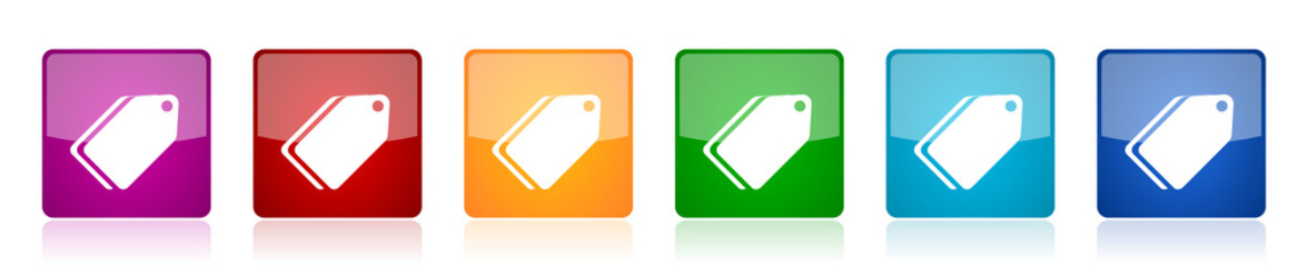 Aufkleber - Label ticket icon set, colorful square glossy vector illustrations in 6 options for web design and mobile applications