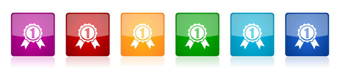 Aufkleber - Badge icon set, first, number one colorful square glossy vector illustrations in 6 options for web design and mobile applications