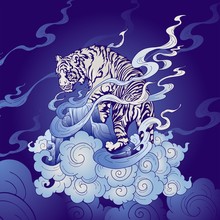 Tiger Oriental Japanese Or Chinese Illustration Doodle In Tattoo Style With Blue Porcelain Tone Light Gray   Background  Vector