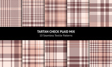 Plaid Pattern Set. Seamless Pink And Brown Vector Check Plaid Graphics For Flannel Shirt, Blanket, Throw, Skirt, Duvet Cover, Or Other Modern Fabric Design.