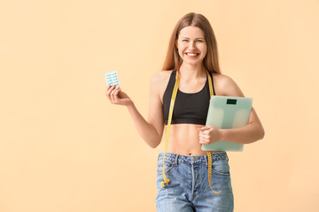 Sticker - Woman with weight loss pills and scales on color background